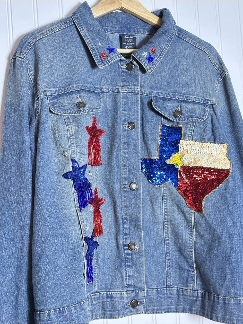 Faded Glory medium wash custom-embellished denim trucker jacket Texas Design 2XL - Picture 2 of 15